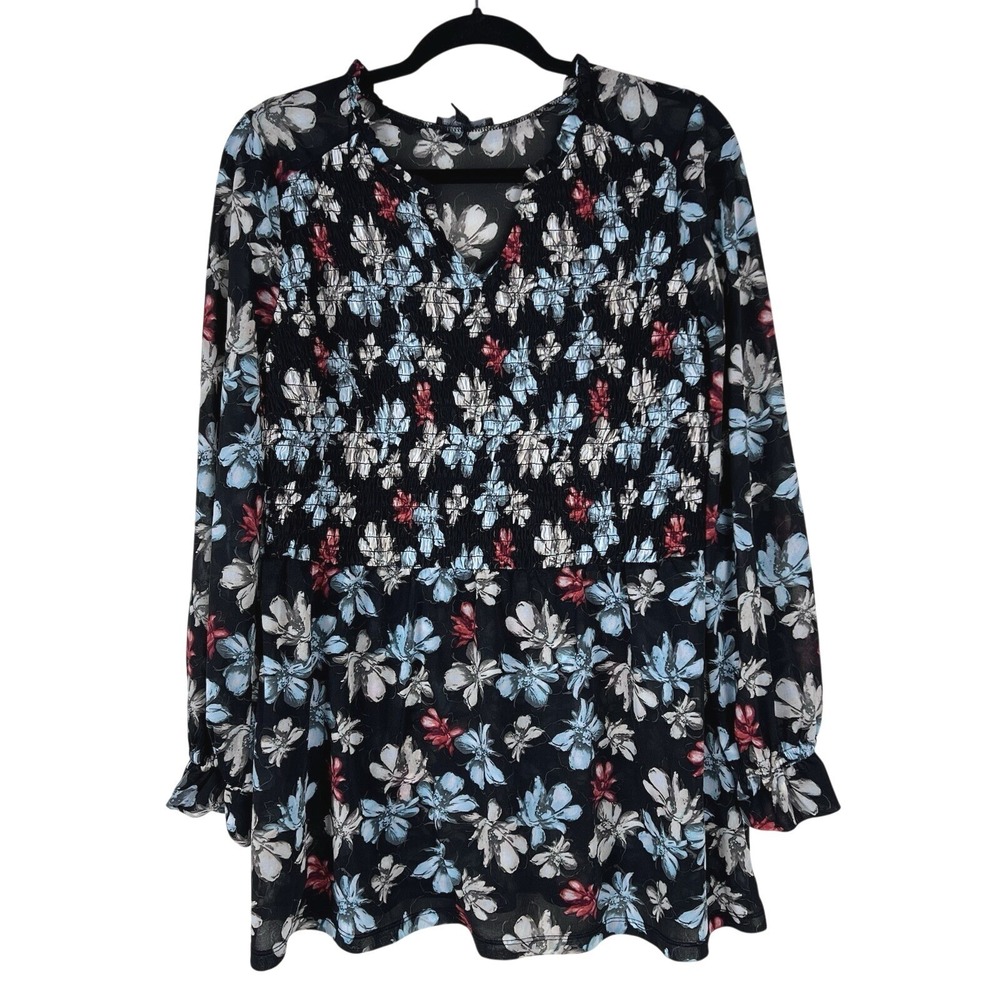 Lane Bryant Womens‎ 14/16 Blouse Black Floral Smocked Peplum Boho Chiffon Top
